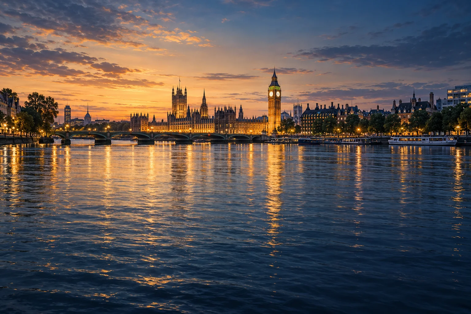 An illustrative view of Westminster and the River Thames at dusk.